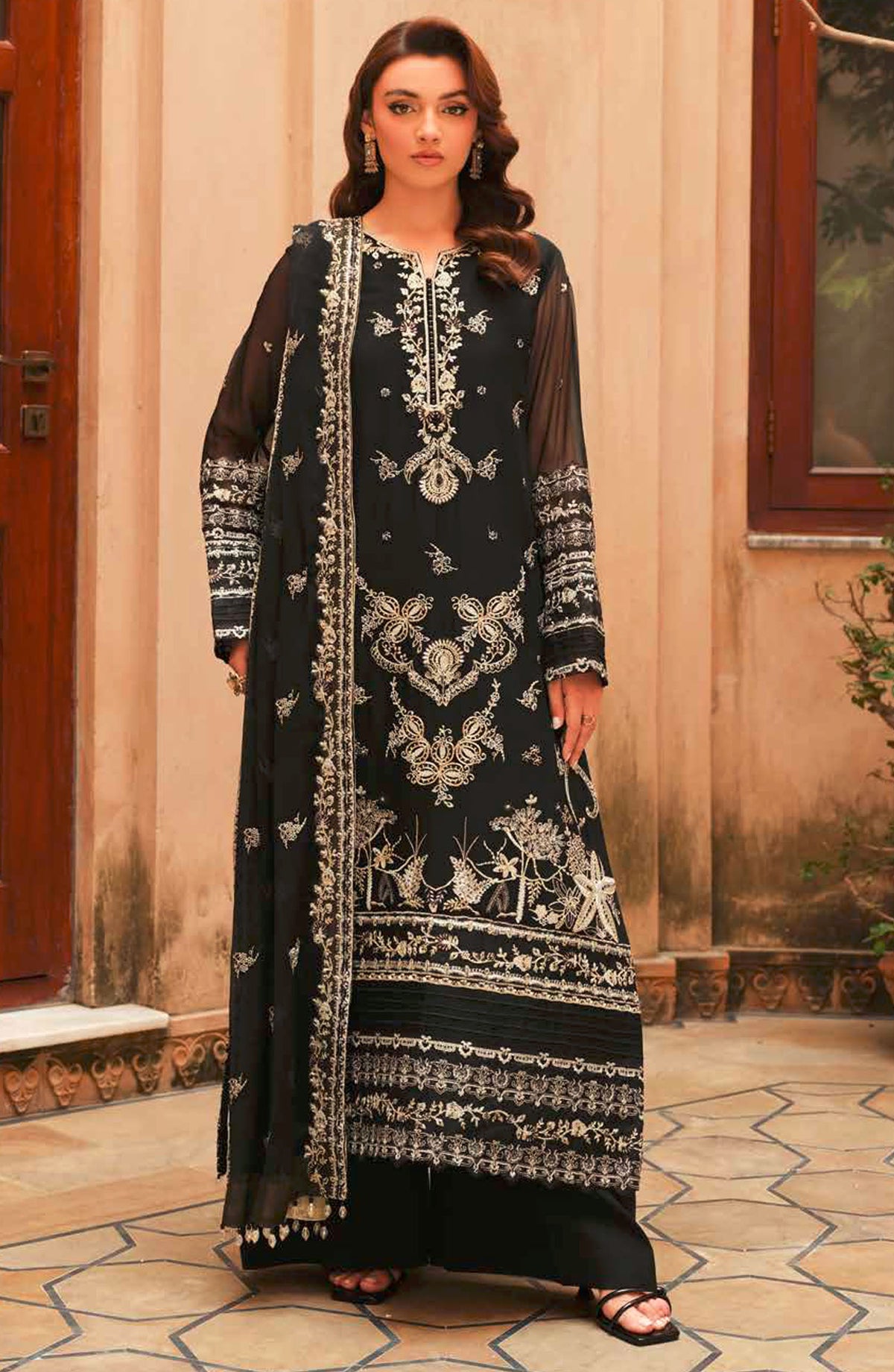 Emira by Maryam N Maria Embroidered Chiffon Unstitched 3 Piece - FW-40039-MONA - MNM25E - Black - Formal Collection