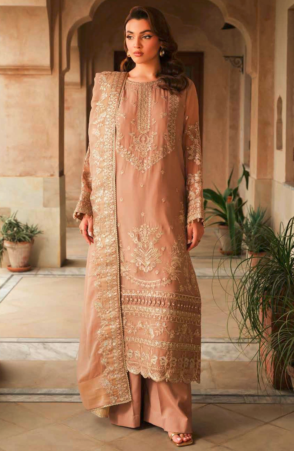 Emira by Maryam N Maria Embroidered Chiffon Unstitched 3 Piece - FW-40040-ATOOS - MNM25E - Brown - Formal Collection