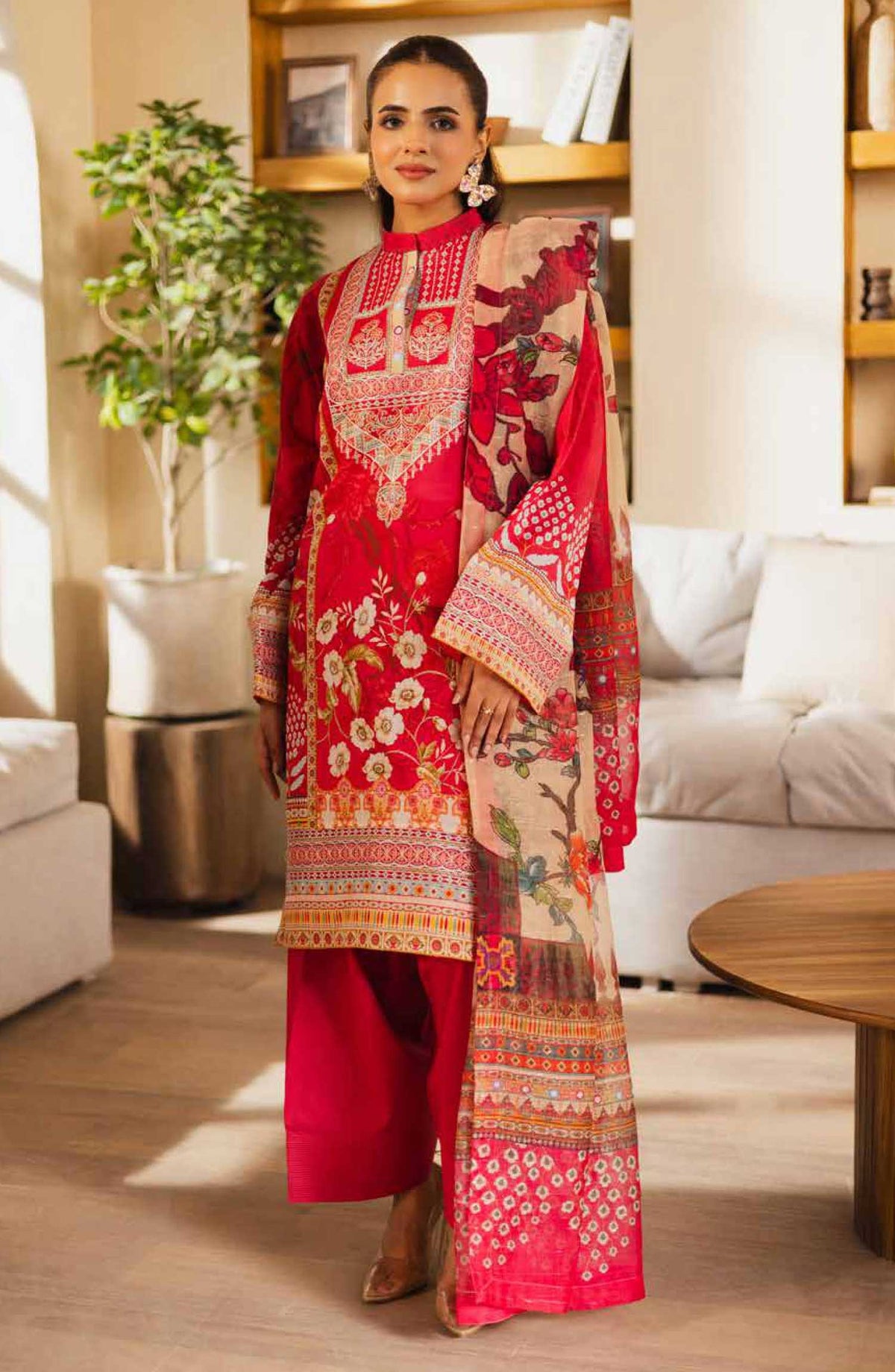 Zen by Freesia Embroidered Lawn Unstitched 3 Piece - FW-50075 LUCIA - FR25Z - Red - Summer Collection