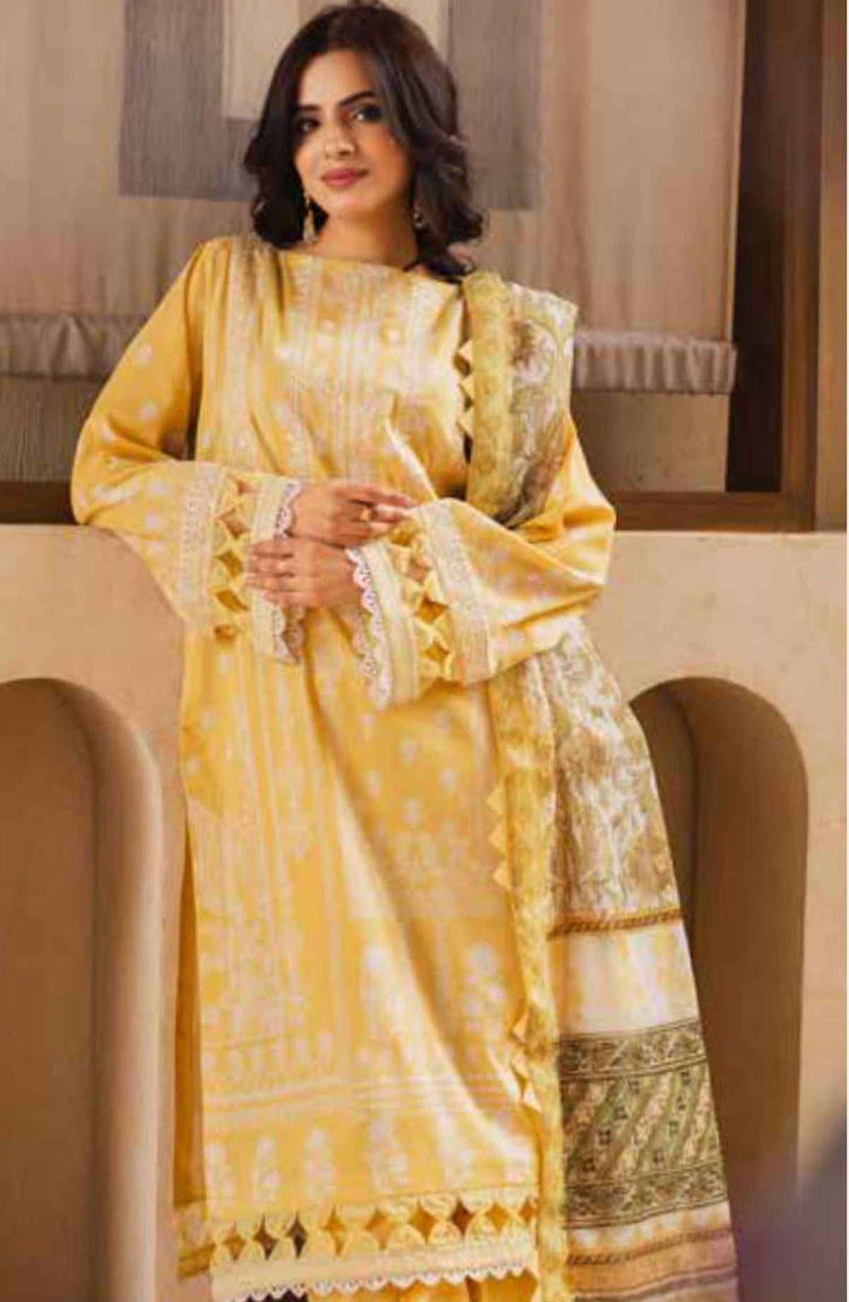 Zen by Freesia Embroidered Lawn Unstitched 3 Piece - FW-50078 Afreeah - FR25Z - Yellow - Summer Collection