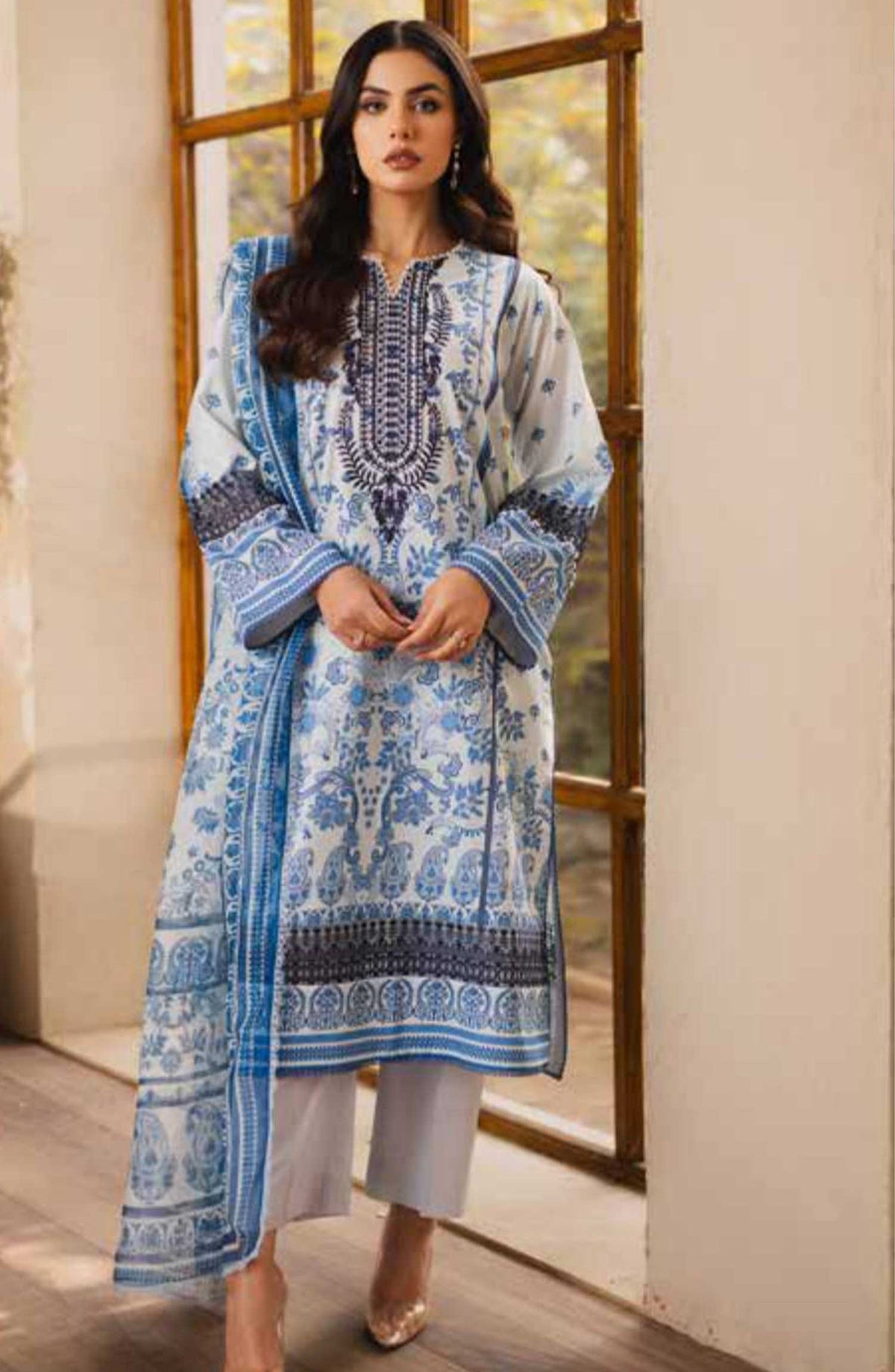 Zen by Freesia Embroidered Lawn Unstitched 3 Piece - FW-50081 LUNA - FR25Z - Light Blue - Summer Collection