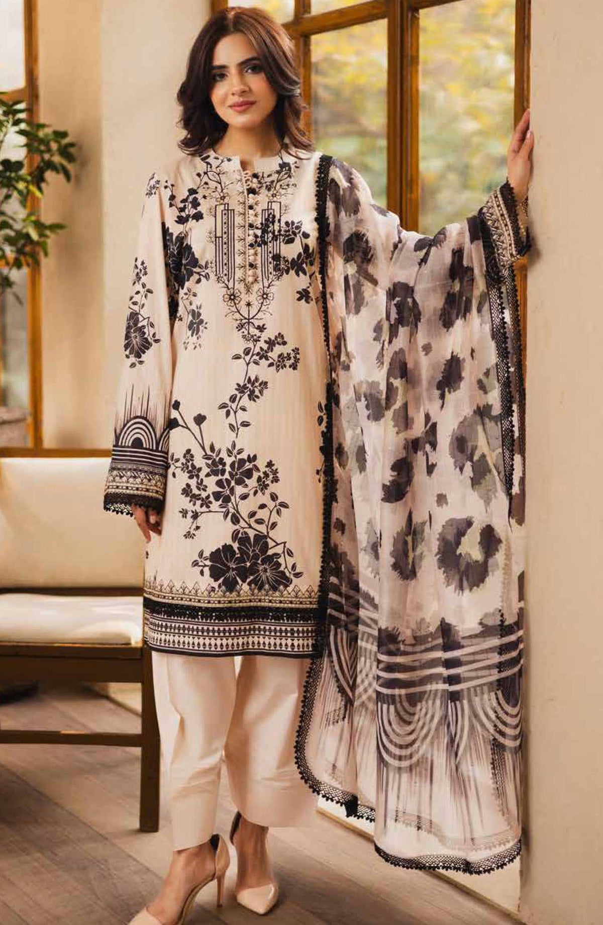 Zen by Freesia Embroidered Lawn Unstitched 3 Piece - FW-50083 LAYANA - FR25Z - White - Summer Collection