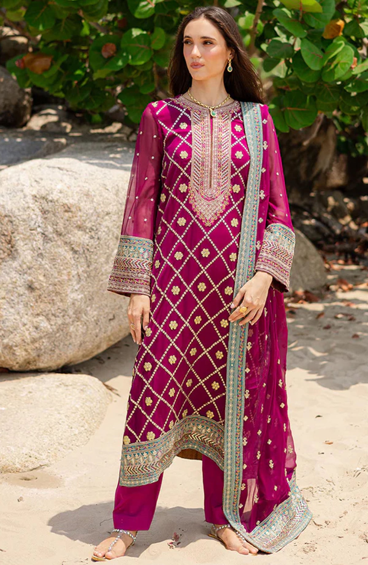Zyra by Freesia Embroidered Chiffon Unstitched 3 Piece Suit - FW40051-Aditi - MNM25ZFC - Magenta - Festive Collection