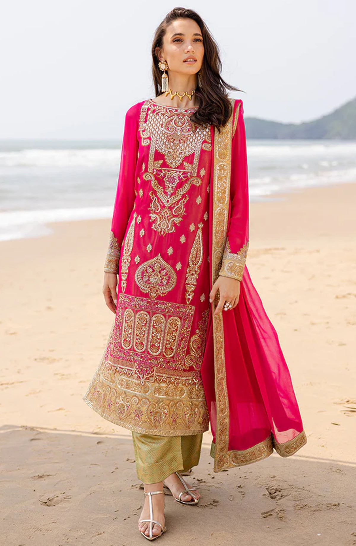 Zyra by Freesia Embroidered Chiffon Unstitched 3 Piece Suit - FW40054-Anika - MNM25ZFC - Pink - Festive Collection