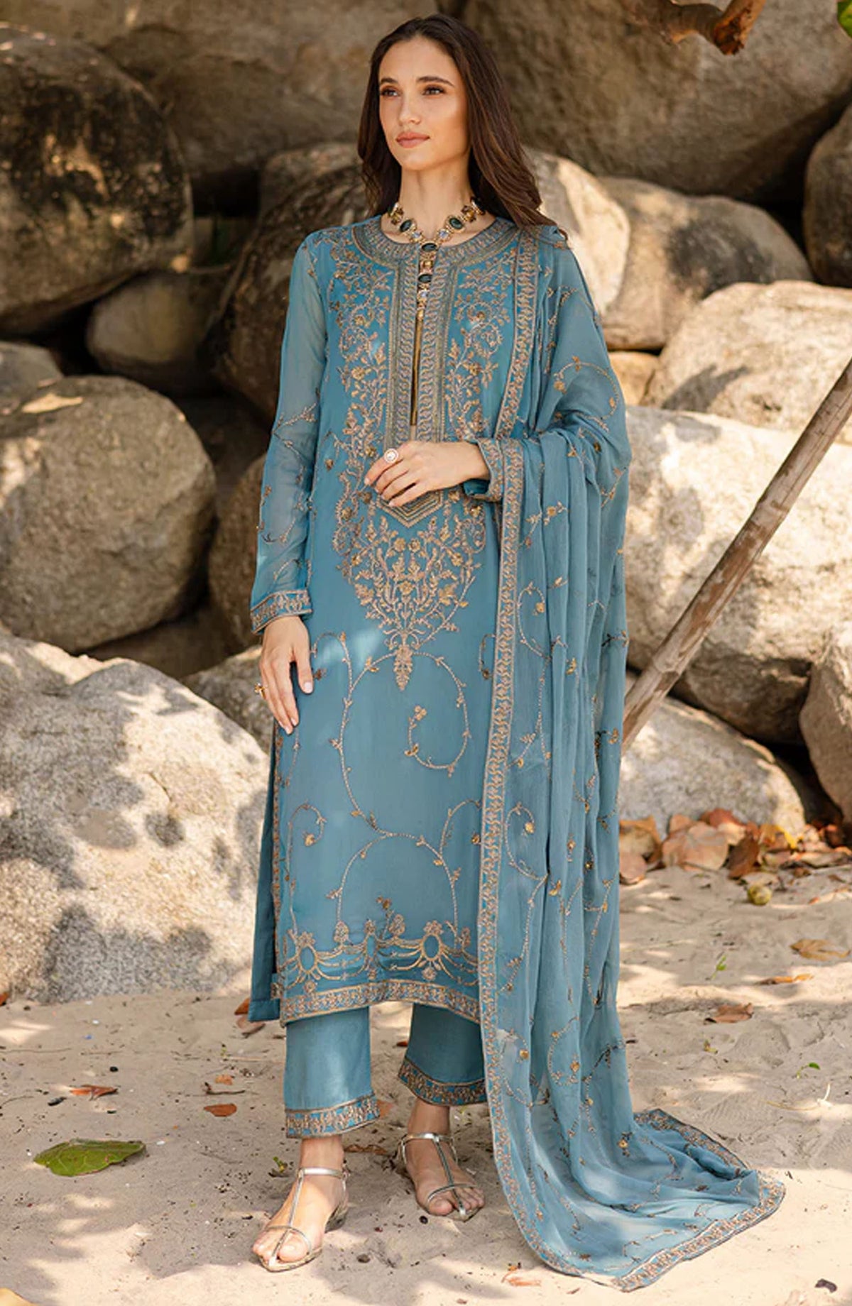 Zyra by Freesia Embroidered Chiffon Unstitched 3 Piece Suit - FW40059-Aarvi - MNM25ZFC - Blue - Festive Collection