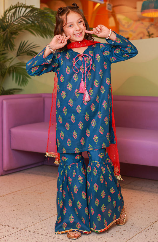 Guriya by Amna Khadija Printed Cotton Stitched 3 Piece Gharara - GBFF-01 - AM25GGV2 - Blue - Girls Summer Collection