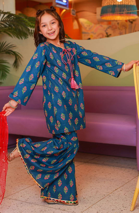 Guriya by Amna Khadija Printed Cotton Stitched 3 Piece Gharara - GBFF-01 - AM25GGV2 - Blue - Girls Summer Collection