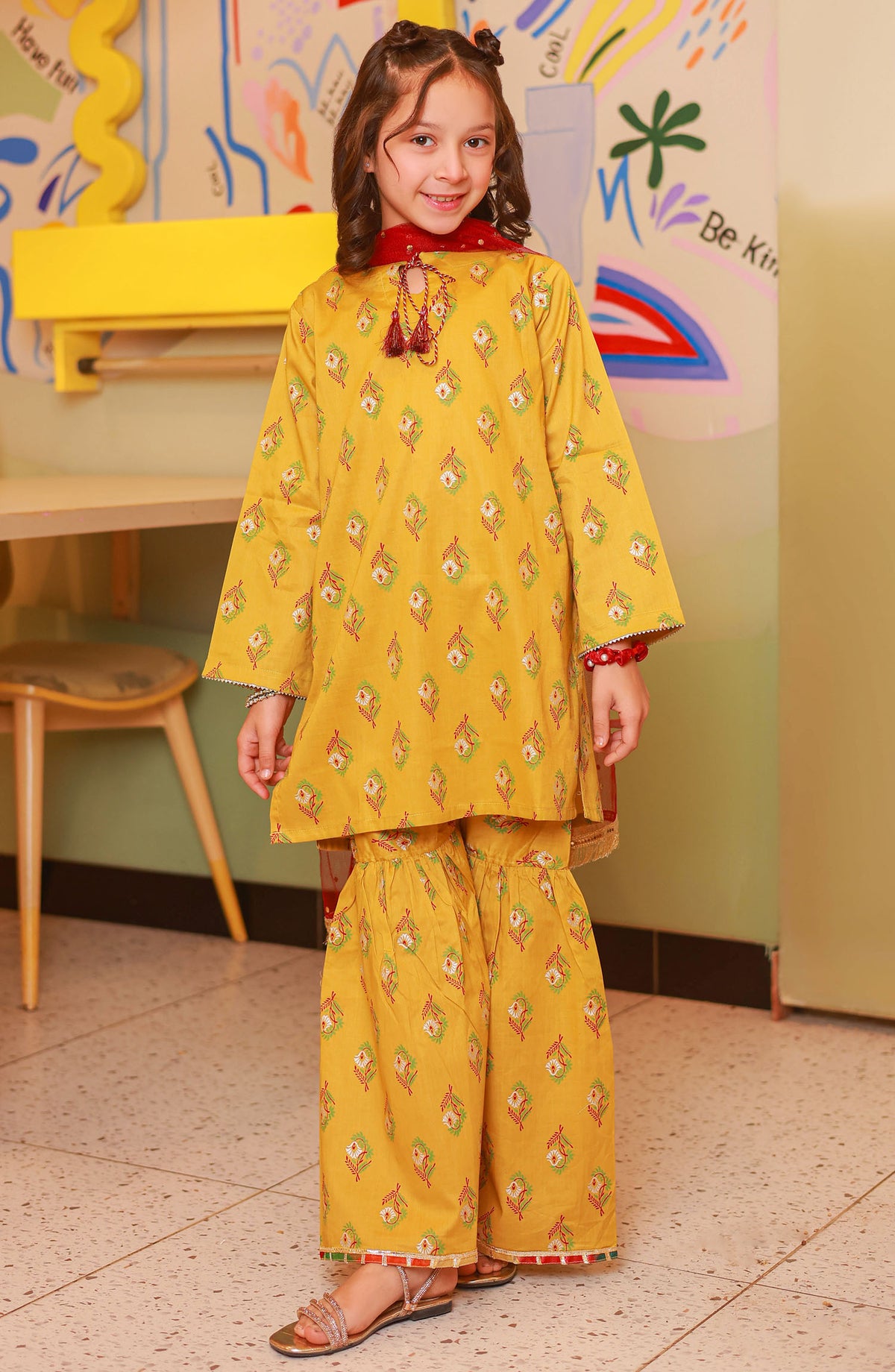 Guriya by Amna Khadija Printed Cotton Stitched 3 Piece Gharara - GBFF-02 - AM25GGV2 - Yellow - Girls Summer Collection