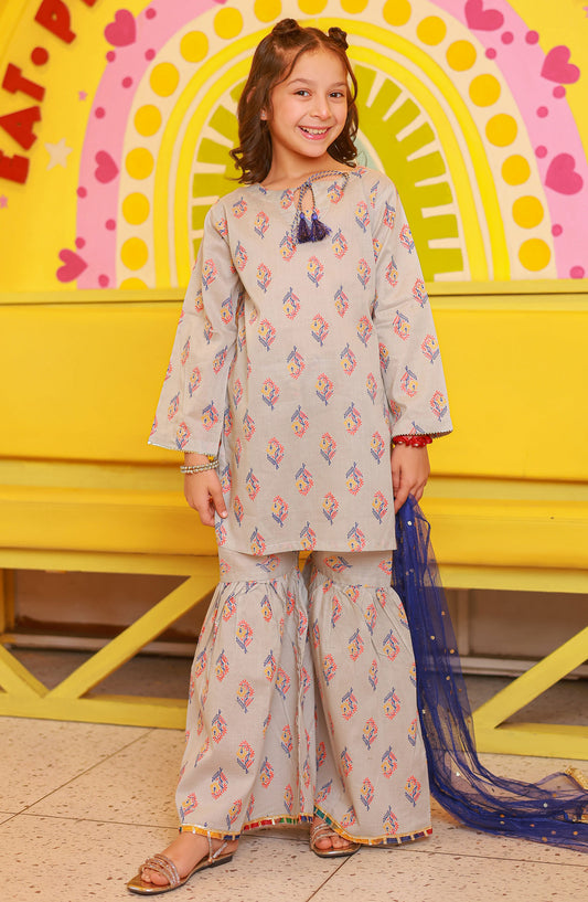 Guriya by Amna Khadija Printed Cotton Stitched 3 Piece Gharara - GBFF-03 - AM25GGV2 - Grey - Girls Summer Collection