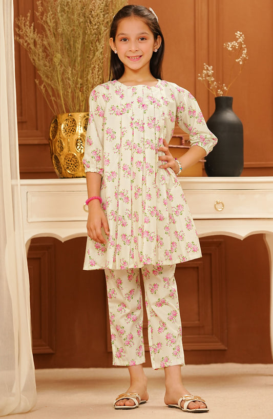 Guriya by Amna Khadija Printed Lawn Stitched 2 Piece Frock - GFE-02 - AM25GFE - Off White - Summer Girls Collection