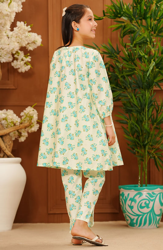 Guriya by Amna Khadija Printed Lawn Stitched 2 Piece Frock - GFE-03 - AM25GFE - Off White - Summer Girls Collection