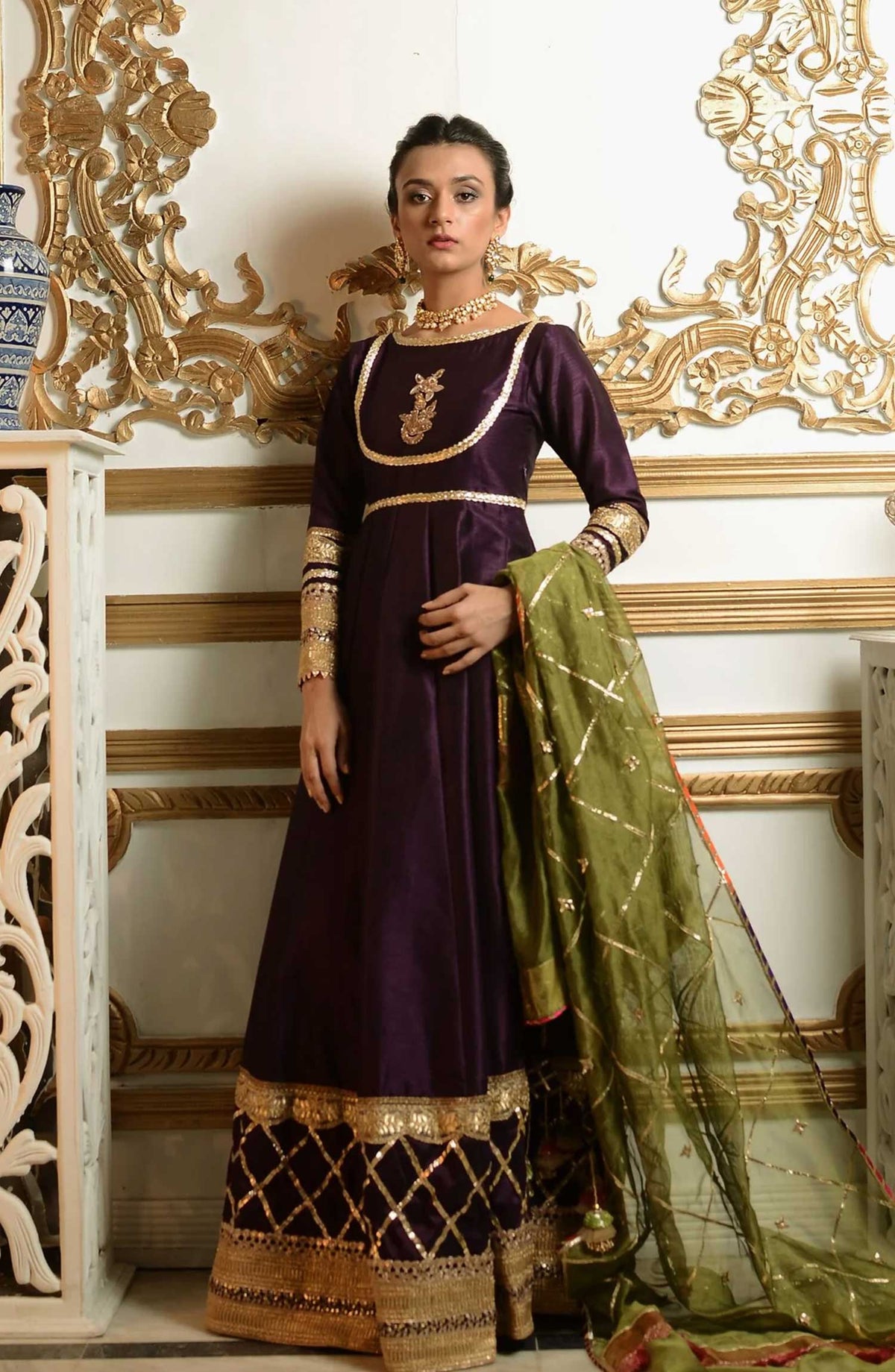 Hues Atelier Embroidered Raw Silk 3 Piece - Gota Heirloom Anarkali - HA25LF - Black - Festive Collection