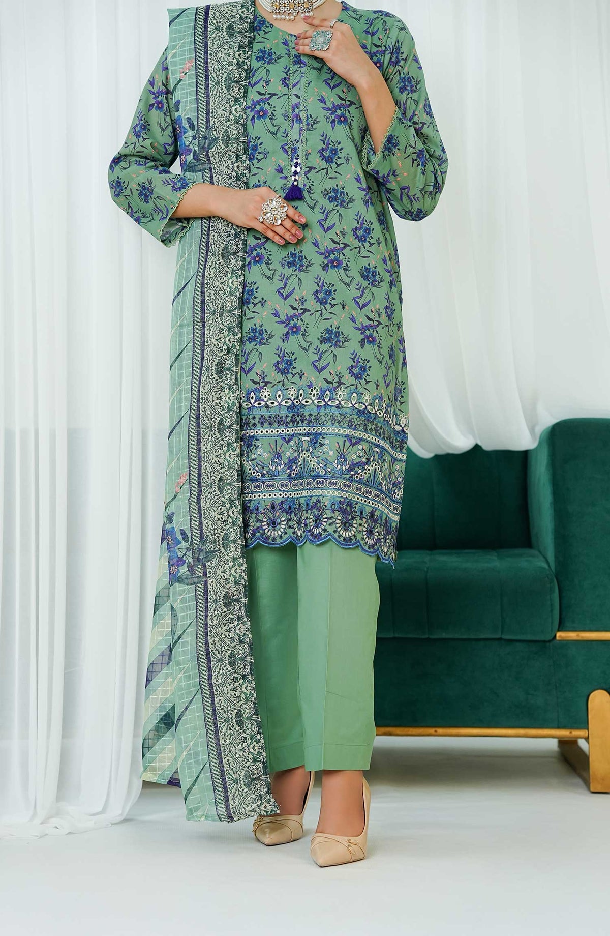 Gulraz by Amna Khadija Embroidered Lawn Stitched 3 Piece - GPE 10 - AK25G - Sea Green - Summer Collection