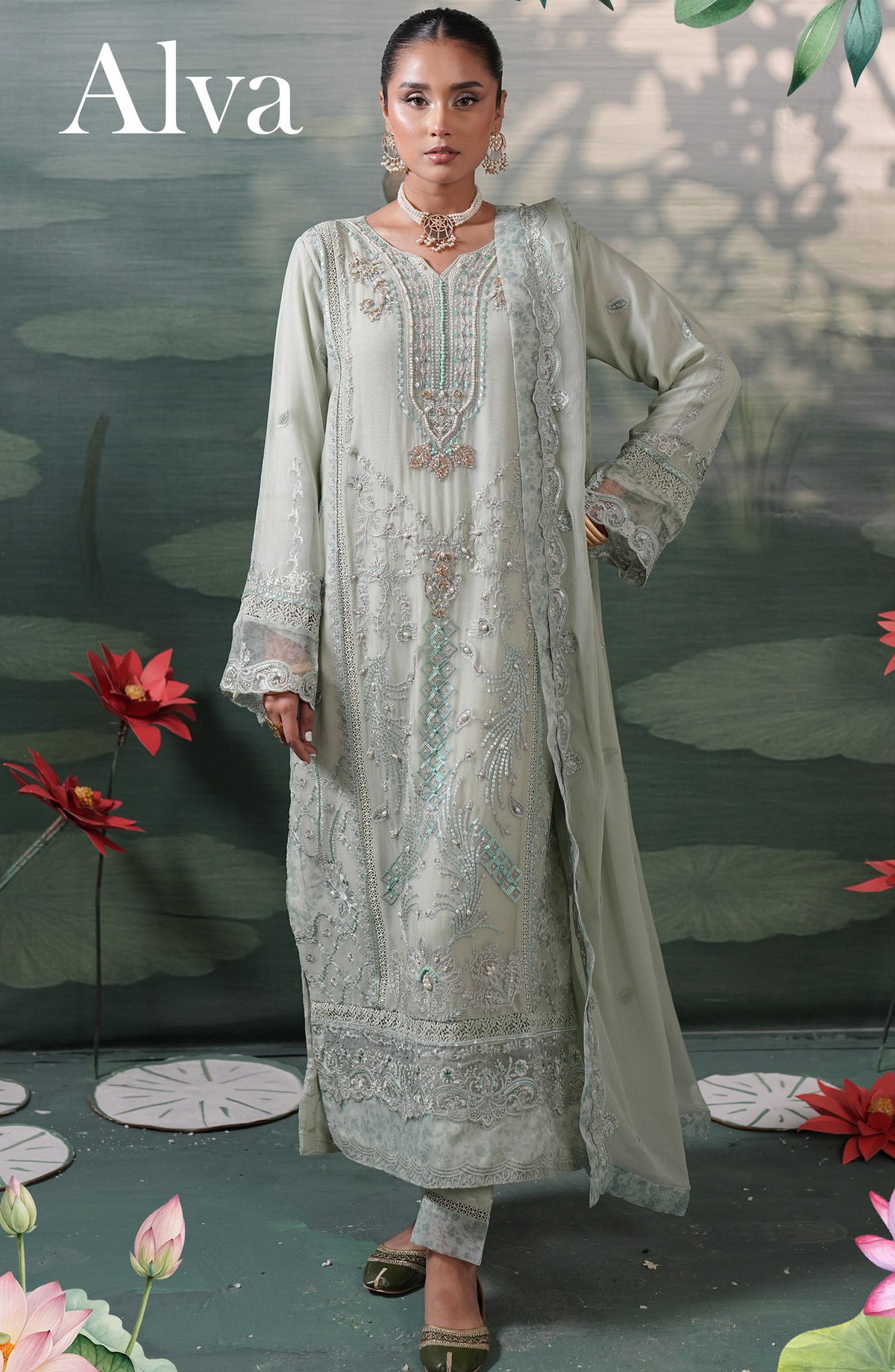 Silvana by Guzel Embroidered Chiffon Stitched 3 Piece Suit - Alva - GUZ25SLC - Green - Luxury Collection