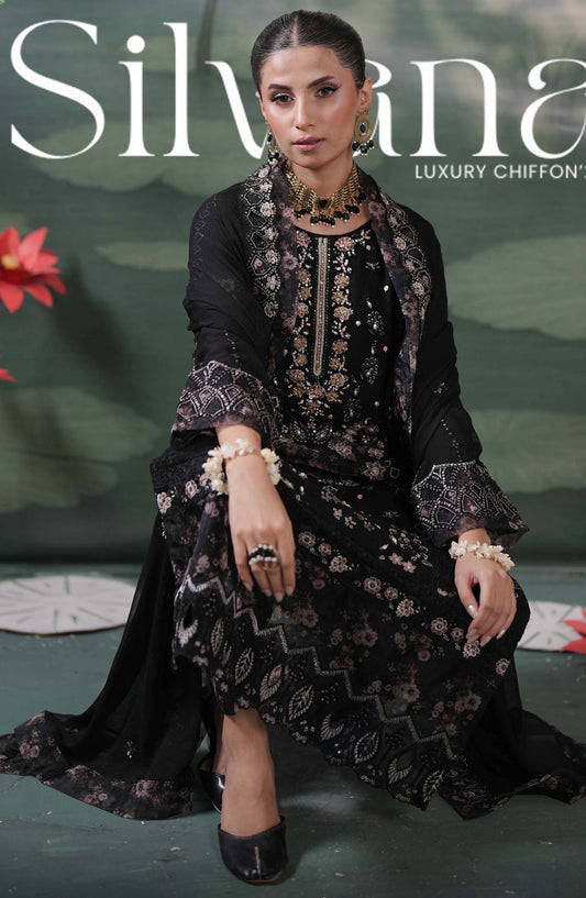 Silvana by Guzel Embroidered Chiffon Stitched 3 Piece Suit - Reha - GUZ25SLC - Black - Luxury Collection