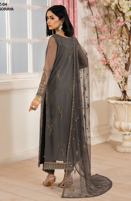 Heer by Zarif Embroidered Net Unstitched 3 Piece Suit - SORAYA - ZF25HR  - Z-04 - Grey - Festive Collection