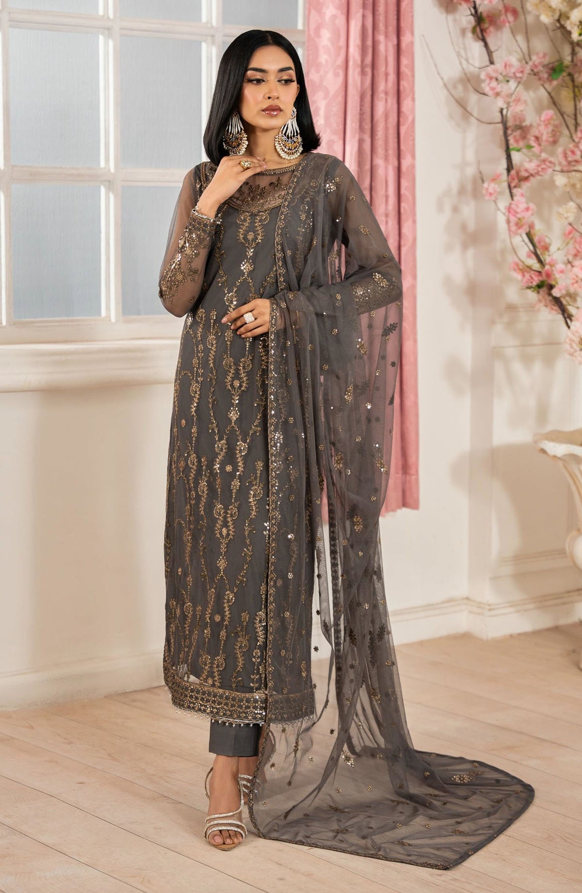 Heer by Zarif Embroidered Net Unstitched 3 Piece Suit - SORAYA - ZF25HR  - Z-04 - Grey - Festive Collection