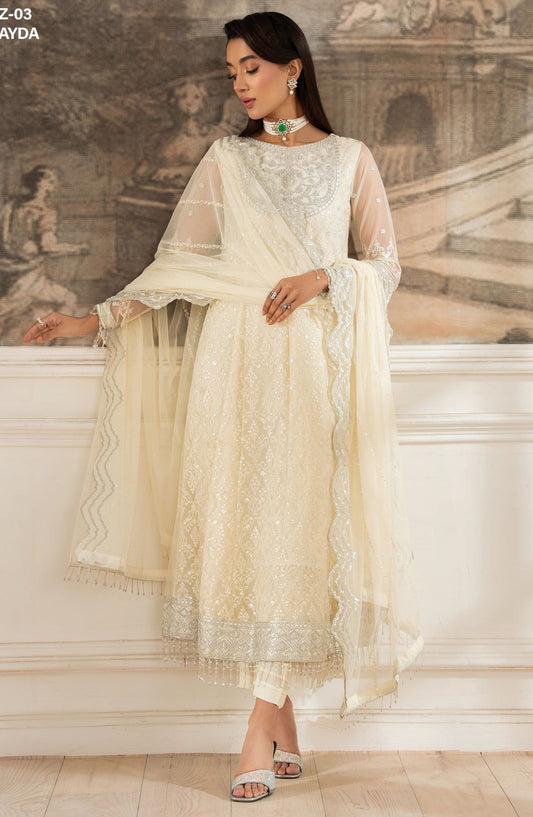 Heer by Zarif Embroidered Net Unstitched 3 Piece Suit - AYDA - ZF25HR  - Z-03 - Lemon - Festive Collection
