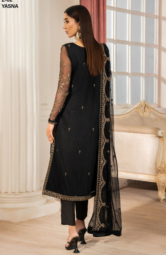 Heer by Zarif Embroidered Net Unstitched 3 Piece Suit - YASNA - ZF25HR  - Z-02 - Black - Festive Collection
