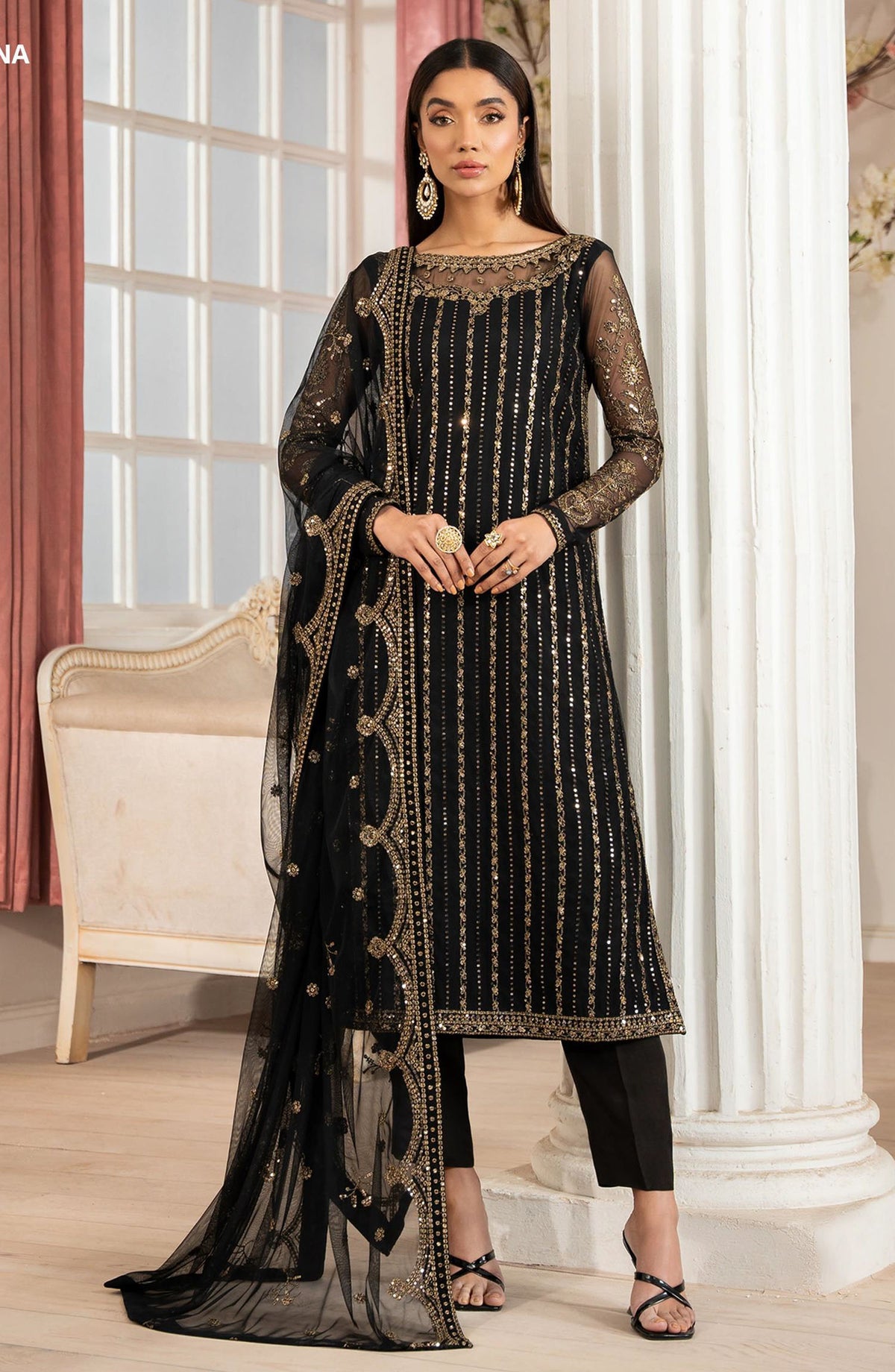 Heer by Zarif Embroidered Net Unstitched 3 Piece Suit - YASNA - ZF25HR  - Z-02 - Black - Festive Collection