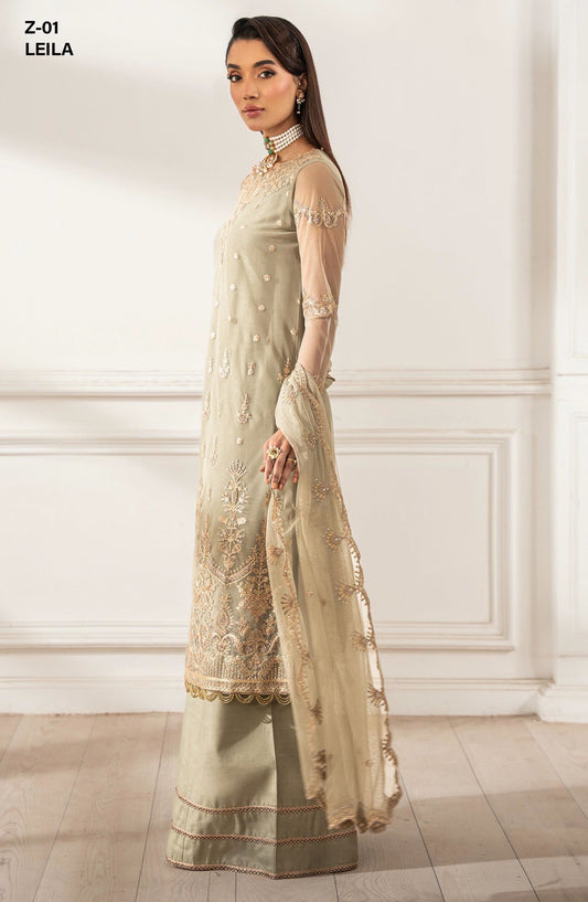 Heer by Zarif Embroidered Net Unstitched 3 Piece Suit - LEILA - ZF25HR  - Z-01 - Grey - Festive Collection