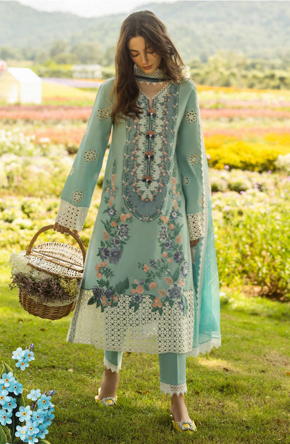 Hemline by Mushq Chikankari Lawn Unstitched 3 Piece Suit - Whimsical Wisteria - MQ25SGH - Blue - summer Collection