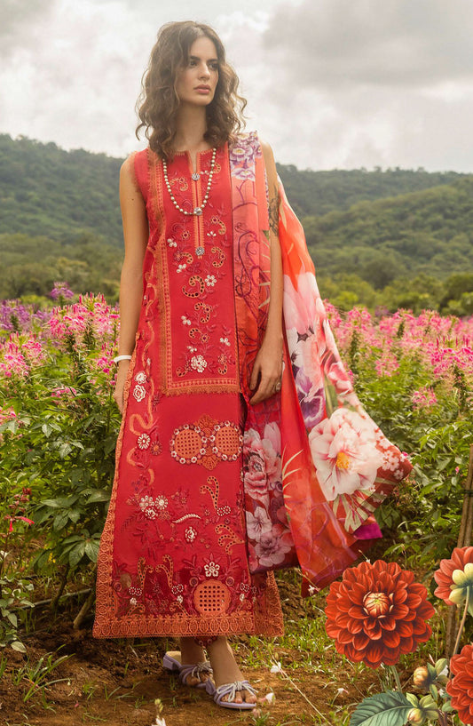 Hemline by Mushq Chikankari Lawn Unstitched 3 Piece Suit - Wanderlust Blooms - MQ25SGH - Red - summer Collection