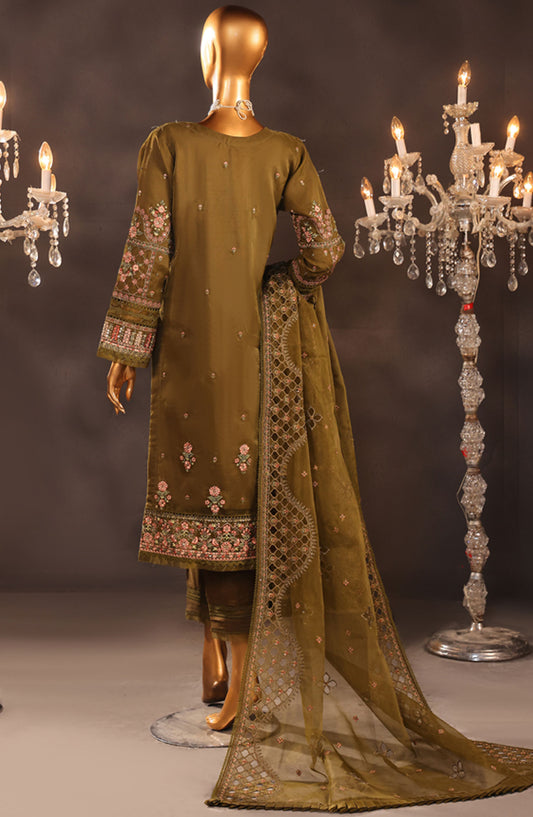 Falsafaa by HZ Textile Embroidered Organza Stitched 3 Piece Suit - HZK-204 Olive Green - HZ25FF - Green - Formal Collection