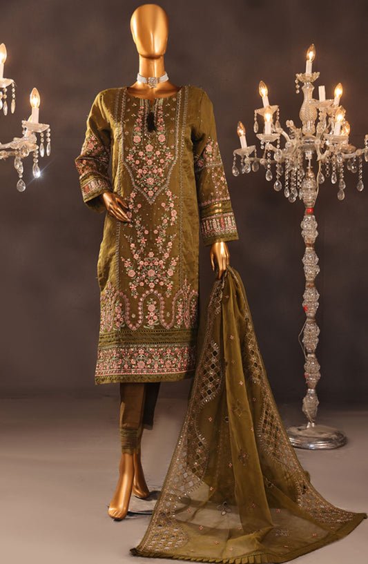 Falsafaa by HZ Textile Embroidered Organza Stitched 3 Piece Suit - HZK-204 Olive Green - HZ25FF - Green - Formal Collection