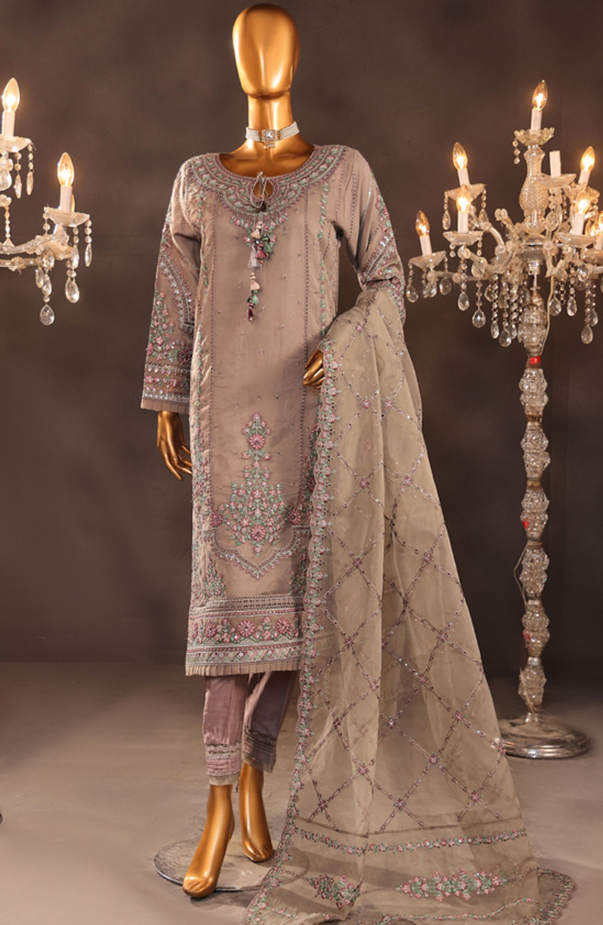 Falsafaa by HZ Textile Embroidered Organza Stitched 3 Piece Suit - HZK-205 Grey - HZ25FF - Grey - Formal Collection