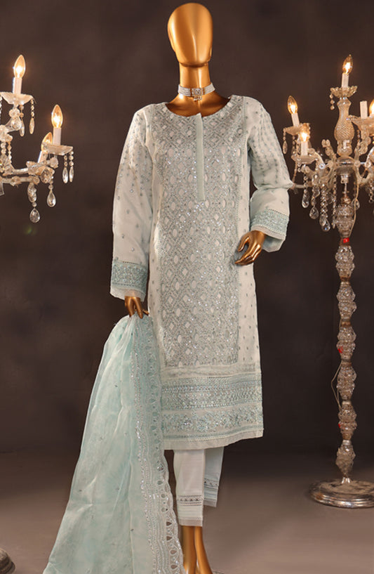 Falsafaa by HZ Textile Embroidered Organza Stitched 3 Piece Suit - HZK-175 Sky Blue - HZ25FF - Blue - Formal Collection
