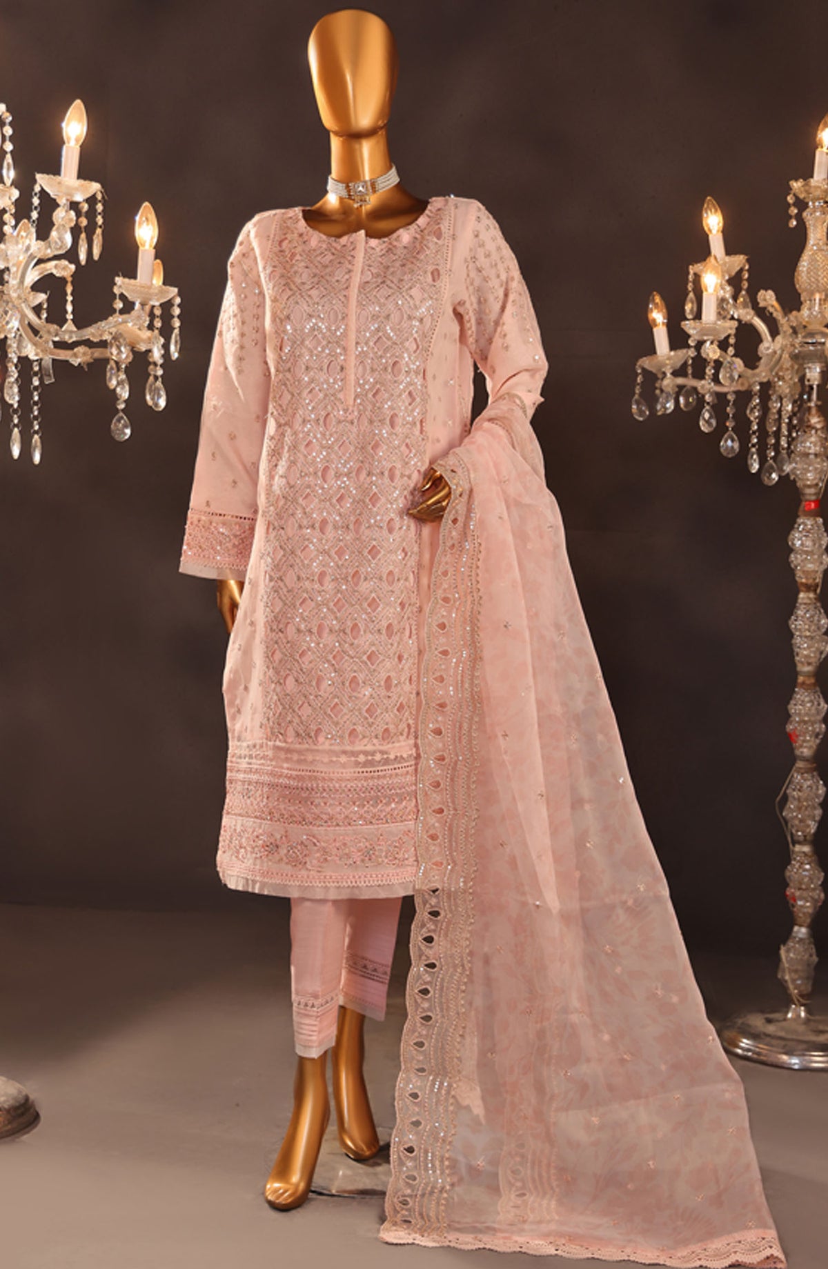 Falsafaa by HZ Textile Embroidered Organza Stitched 3 Piece Suit - HZK-175 Powder Pink - HZ25FF - Pink - Formal Collection
