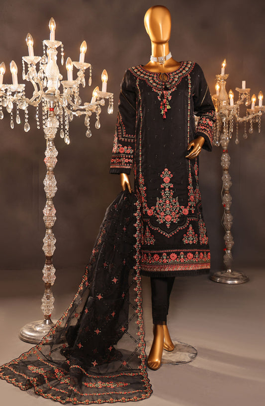 Falsafaa by HZ Textile Embroidered Organza Stitched 3 Piece Suit - HZK-205 Black - HZ25FF - Black - Formal Collection