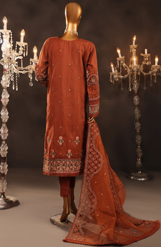 Falsafaa by HZ Textile Embroidered Organza Stitched 3 Piece Suit - HZK-204 Rust - HZ25FF - Rust - Formal Collection
