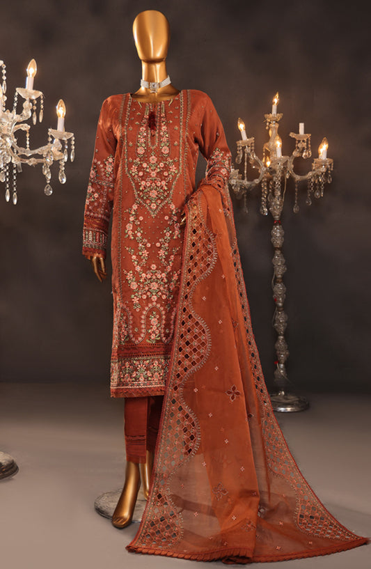 Falsafaa by HZ Textile Embroidered Organza Stitched 3 Piece Suit - HZK-204 Rust - HZ25FF - Rust - Formal Collection