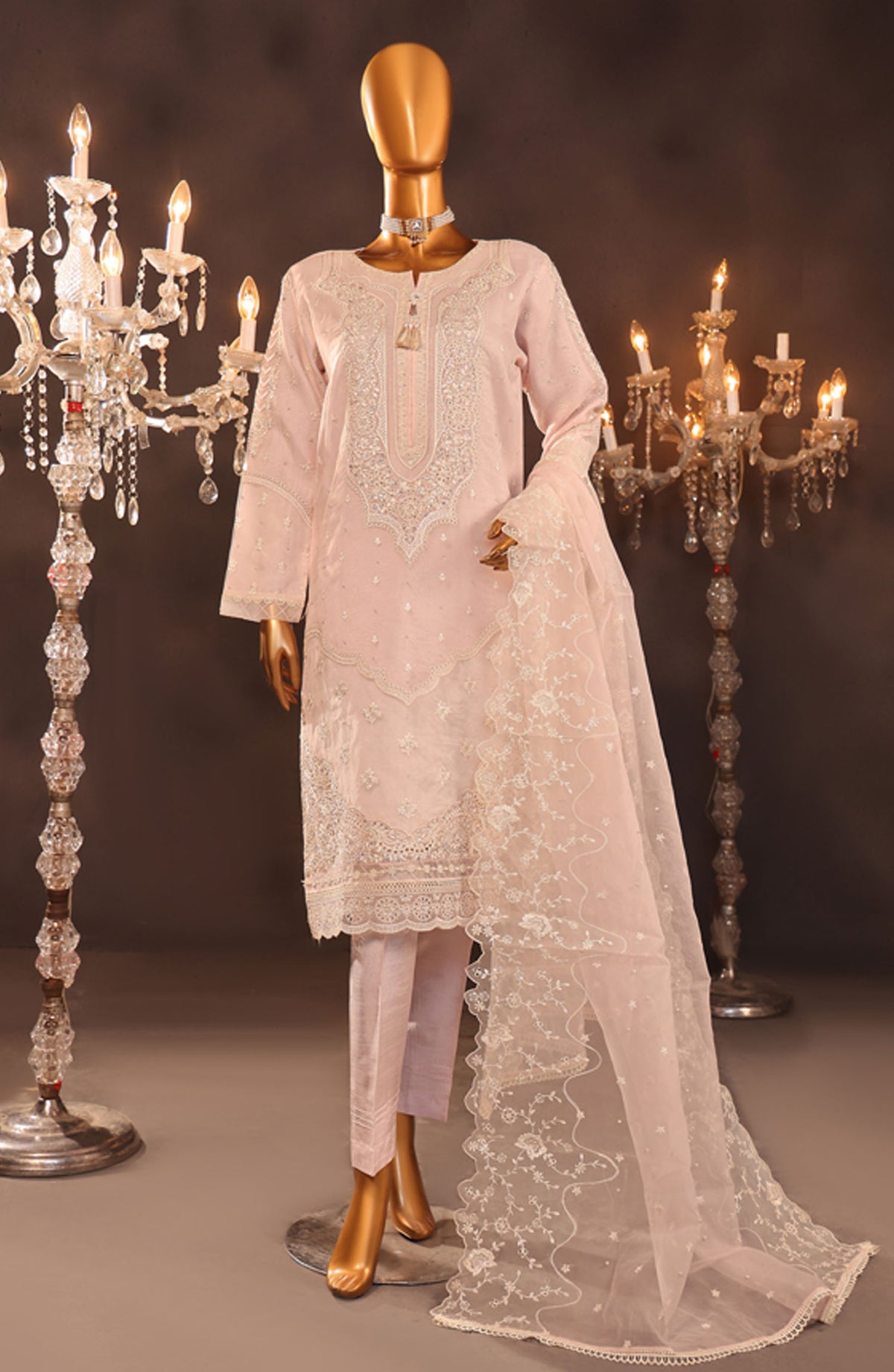 Falsafaa by HZ Textile Embroidered Organza Stitched 3 Piece Suit - HZK-92 Pastel Pink - HZ25FF - Pink - Formal Collection
