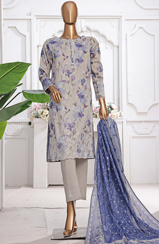 HZ Textile Printed Lawn Stitched 3 Piece Suit - PEC-205 Diffuse Beige - HZ25PTKV2 - Grey - Summer Collection