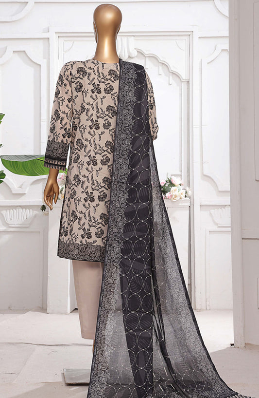 HZ Textile Printed Lawn Stitched 3 Piece Suit - PEC-207 Beige Black - HZ25PTKV2 - Beige - Summer Collection