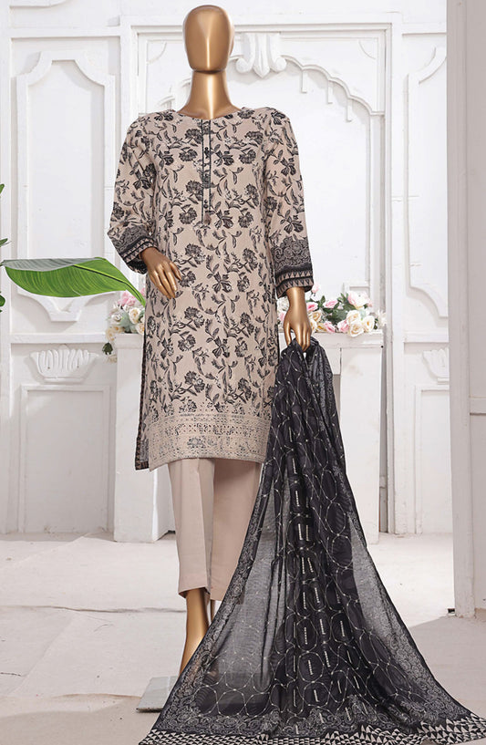 HZ Textile Printed Lawn Stitched 3 Piece Suit - PEC-207 Beige Black - HZ25PTKV2 - Beige - Summer Collection
