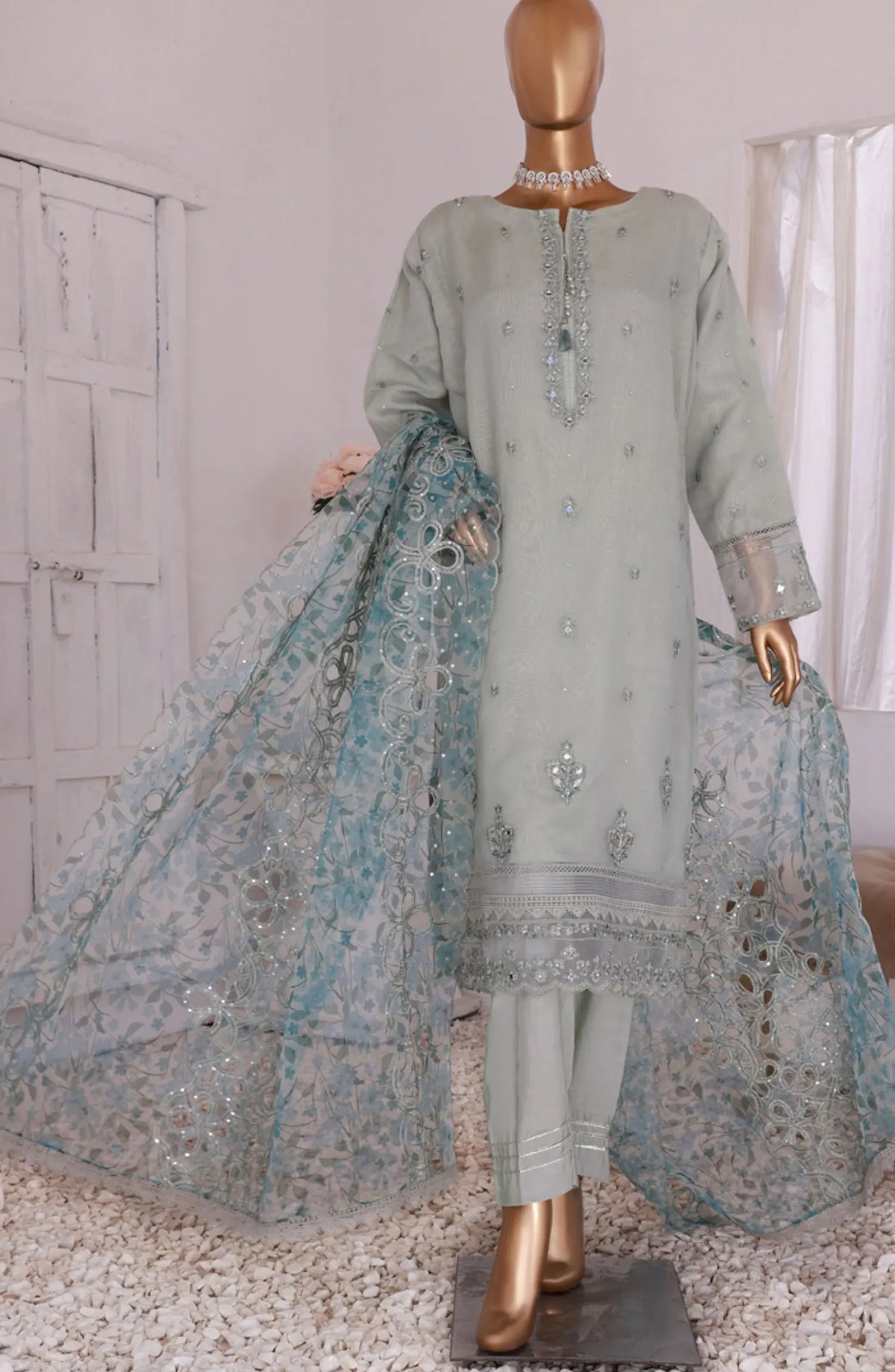 HZ RTW Luxe Pret Formal Organza Embroidered Handwork Collection - HZK-163 GREEN