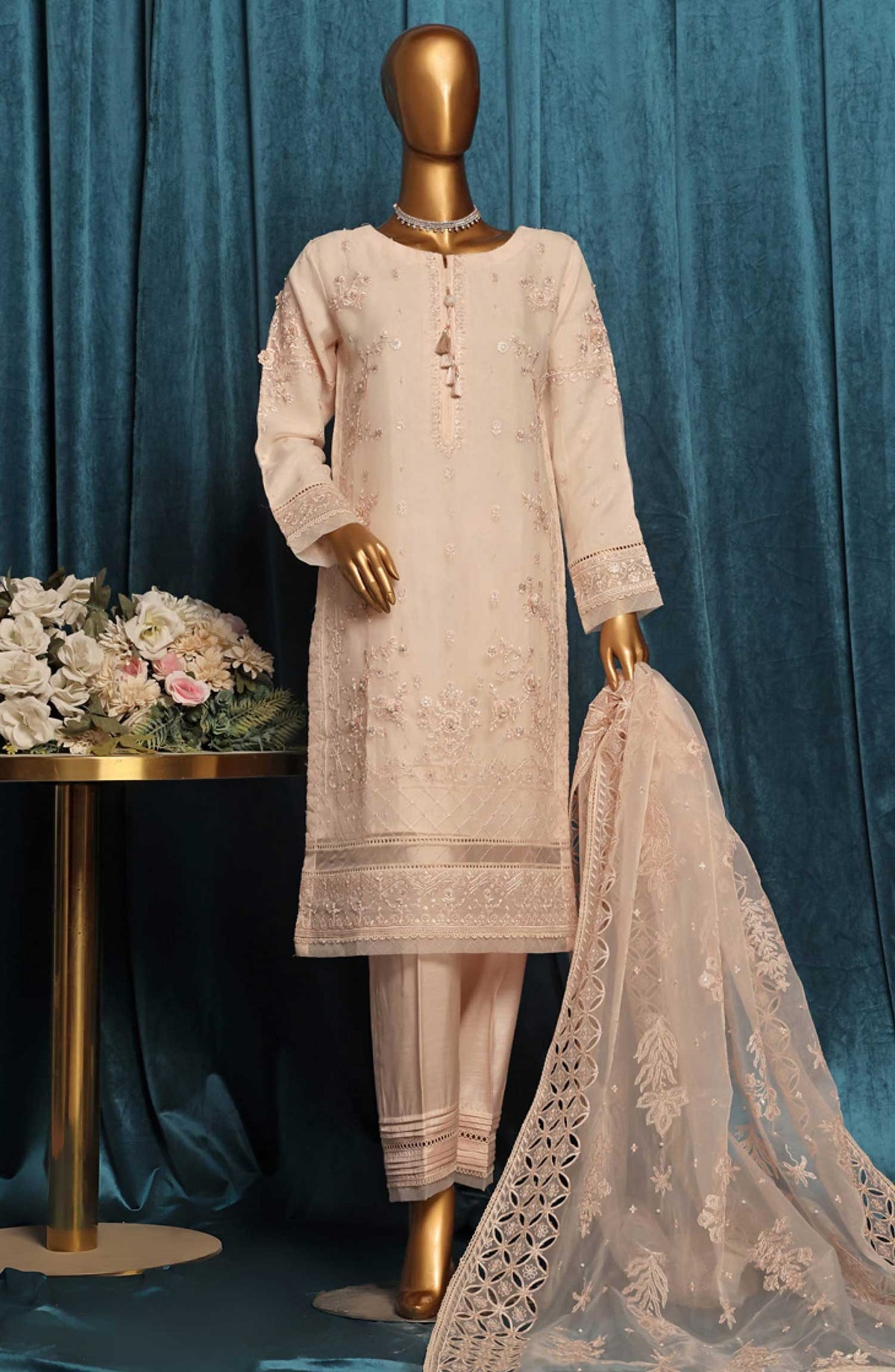 Falsafaa by HZ Textile Embroidered Organza Stitched 3 Piece - HZK 197 Peach - HZ25FF - Peach - Festive Collection
