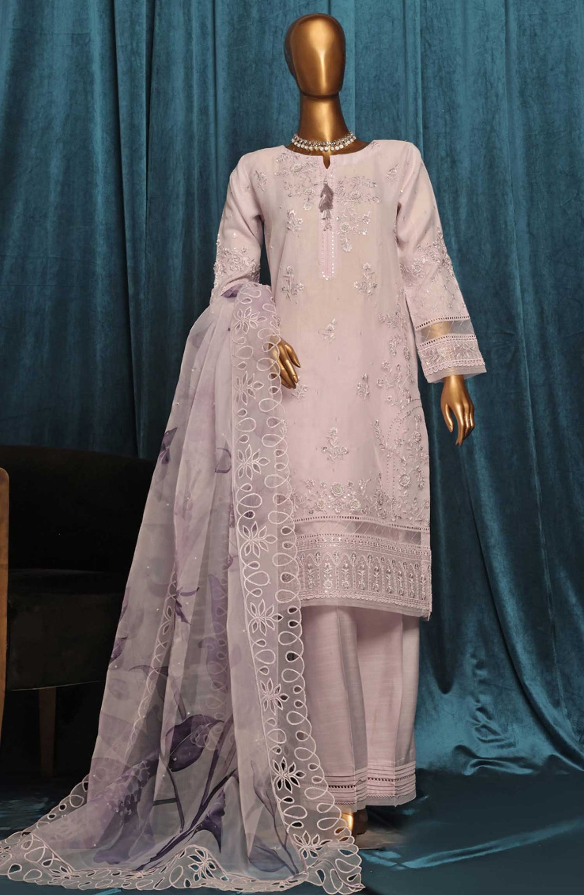 Falsafaa by HZ Textile Embroidered Organza Stitched 3 Piece - HZK 198 Lilac - HZ25FF - Lilac - Festive Collection