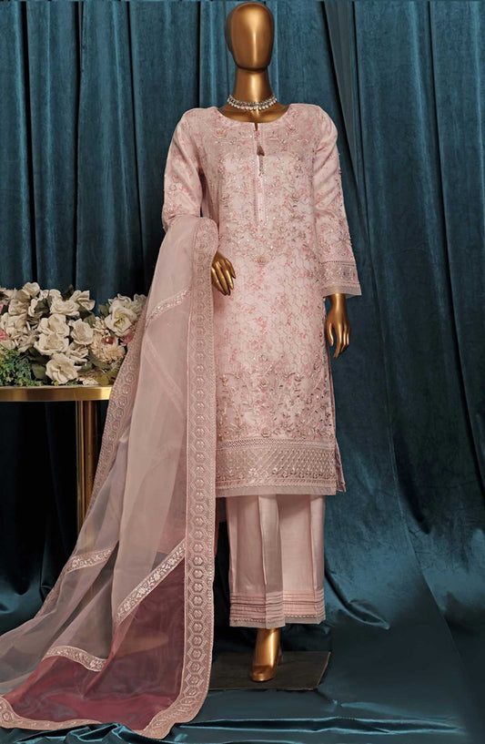 Falsafaa by HZ Textile Embroidered Organza Stitched 3 Piece - HZK 199 Powder Pink - HZ25FF - Pink - Festive Collection
