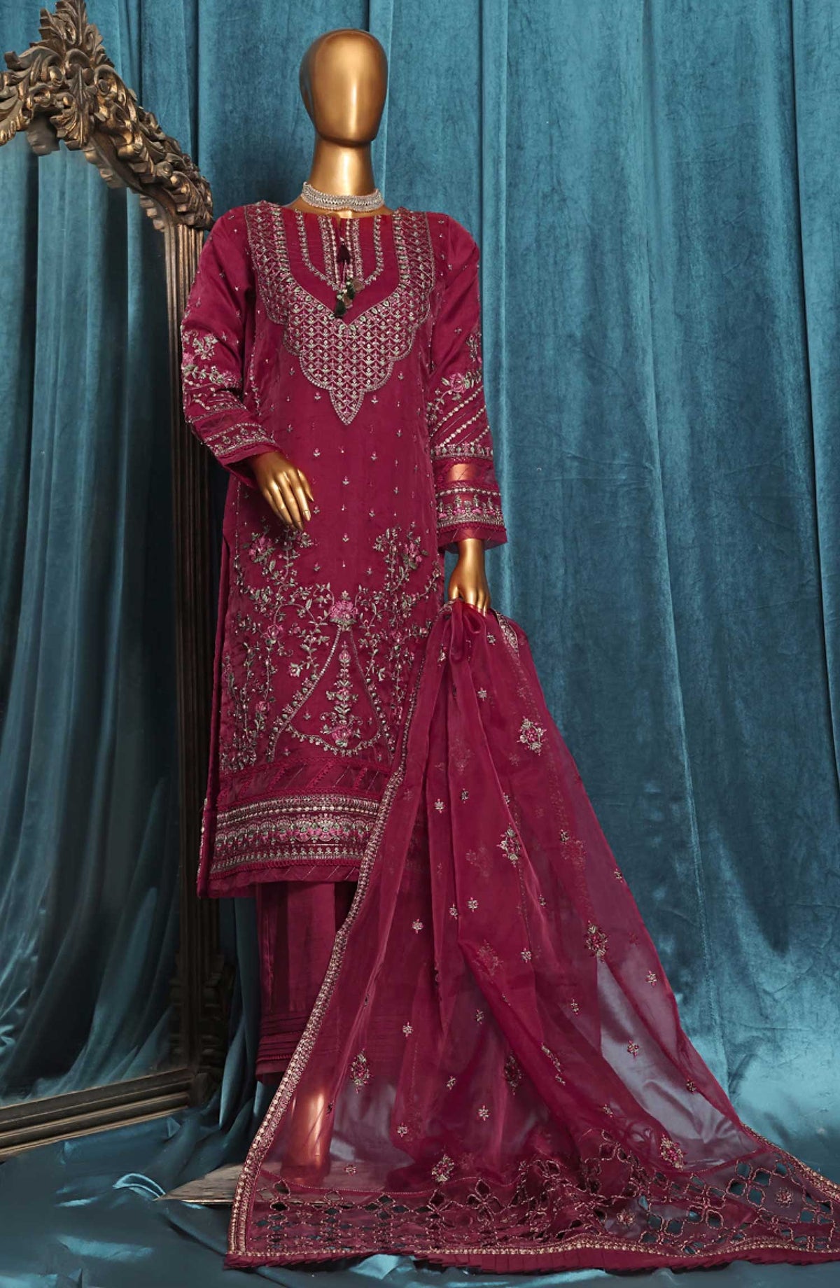 Falsafaa by HZ Textile Embroidered Organza Stitched 3 Piece - HZK 203 Magenta - HZ25FF - Magenta - Festive Collection