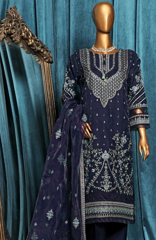 Falsafaa by HZ Textile Embroidered Organza Stitched 3 Piece - HZK 203 Navy - HZ25FF - Navy Blue - Festive Collection