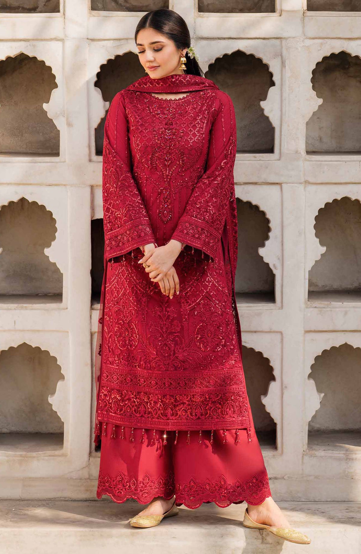 Meeras by Imrozia Embroidered Net Unstitched 3 Piece Suit - I-219 Ruby - IMP25MF - Red - Festive Collection