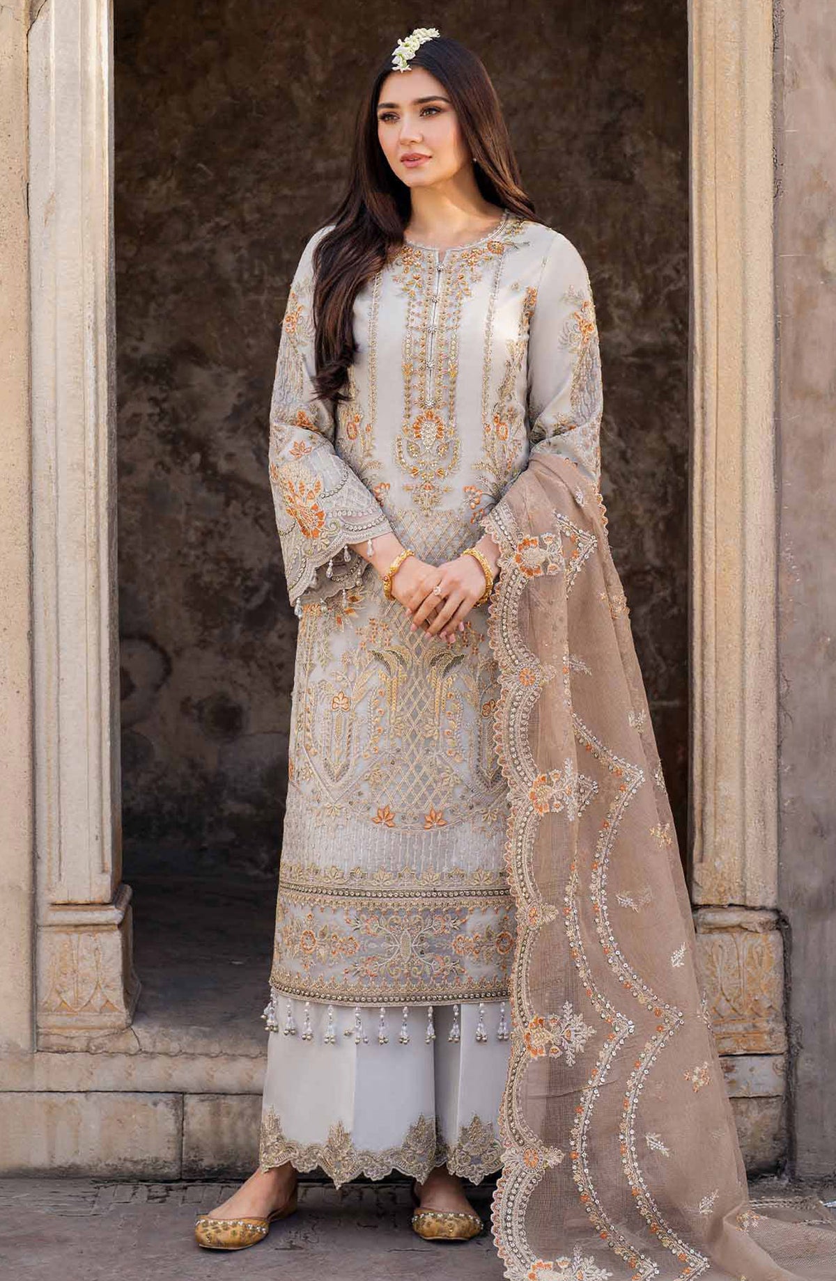 Meeras by Imrozia Embroidered Organza Unstitched 3 Piece Suit - I-224 Mushk - IMP25MF - White - Festive Collection