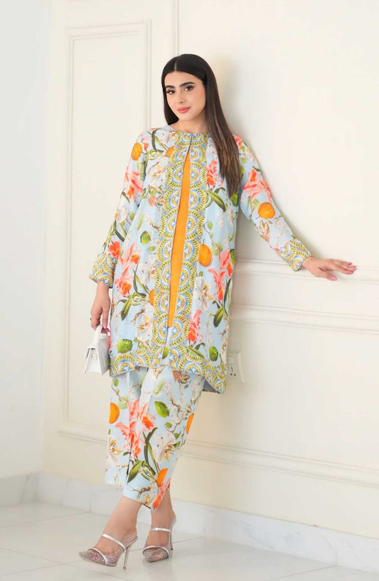 Luna Edit By Hues Atelier Printed Raw Silk Stitched 2 Piece - Ice Blue Cord Set - HA25L - Festive Collection