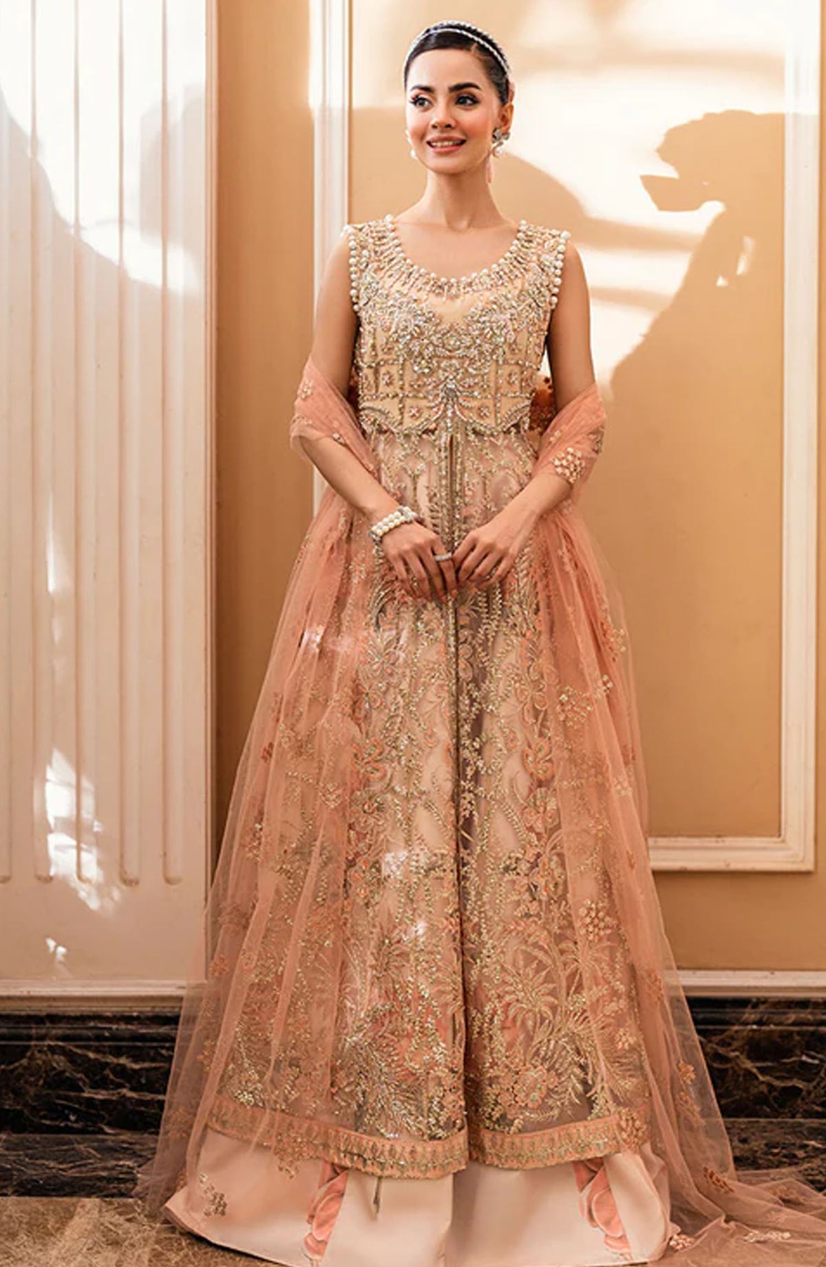 Mushq Embroidered Net Unstitched 4 Piece - Isharay - MQ25M - Peach - Formal Collection