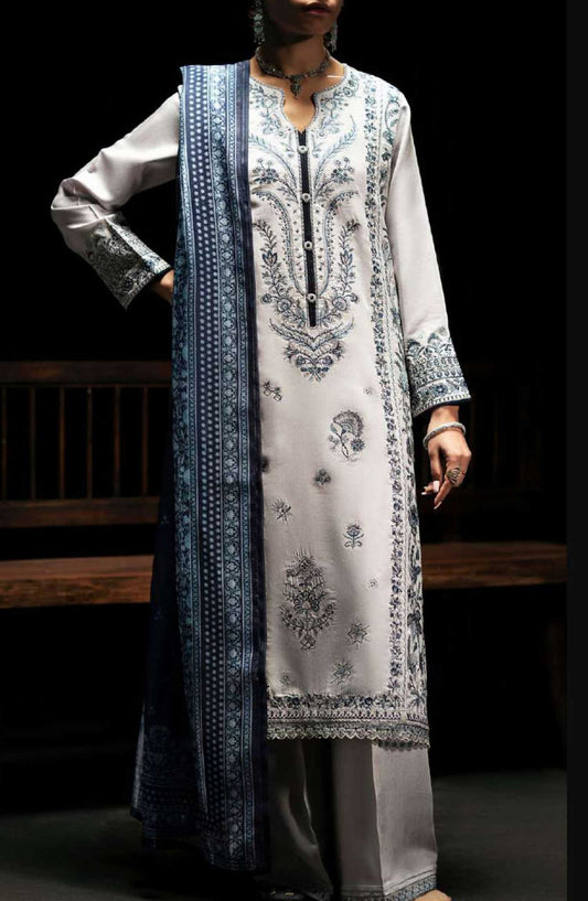Boutique by Casual lite Embroidered Cotton Silk Stitched 3 Piece - Ivory And Blue - CL25B2 - Blue - Festive Collection